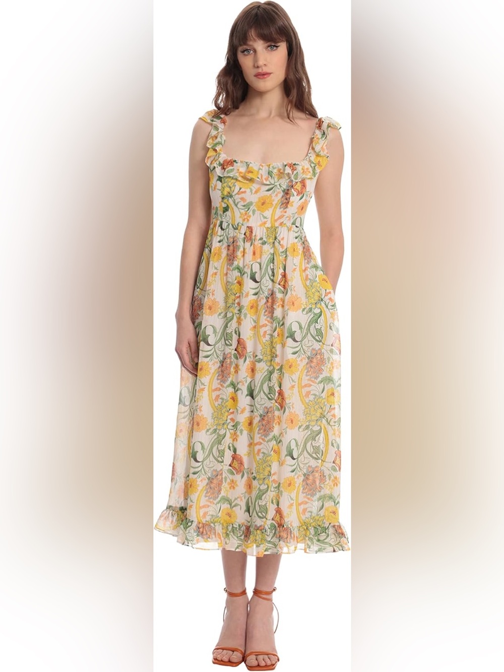 Whimsical Donna Morgan Floral Print Yellow & Green Lined Midi Dress Metallic